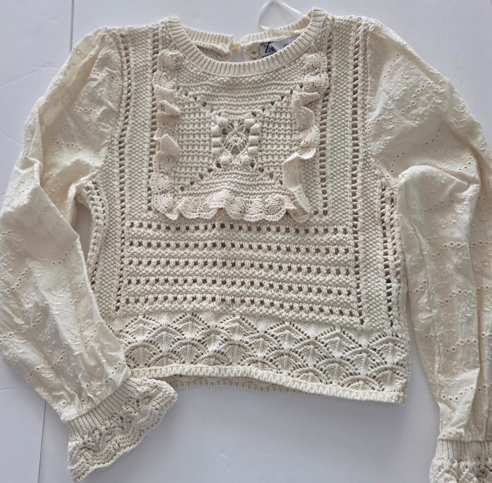 ZARA Open Knit Crochet Sweater Cream Eyelet Lace Ruffle Crop Boho S 3991/009